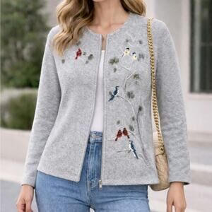 Croft & Barrow Fleece Jacket Full Zip Embroidered Birds Sz MP Art to Wear Nature